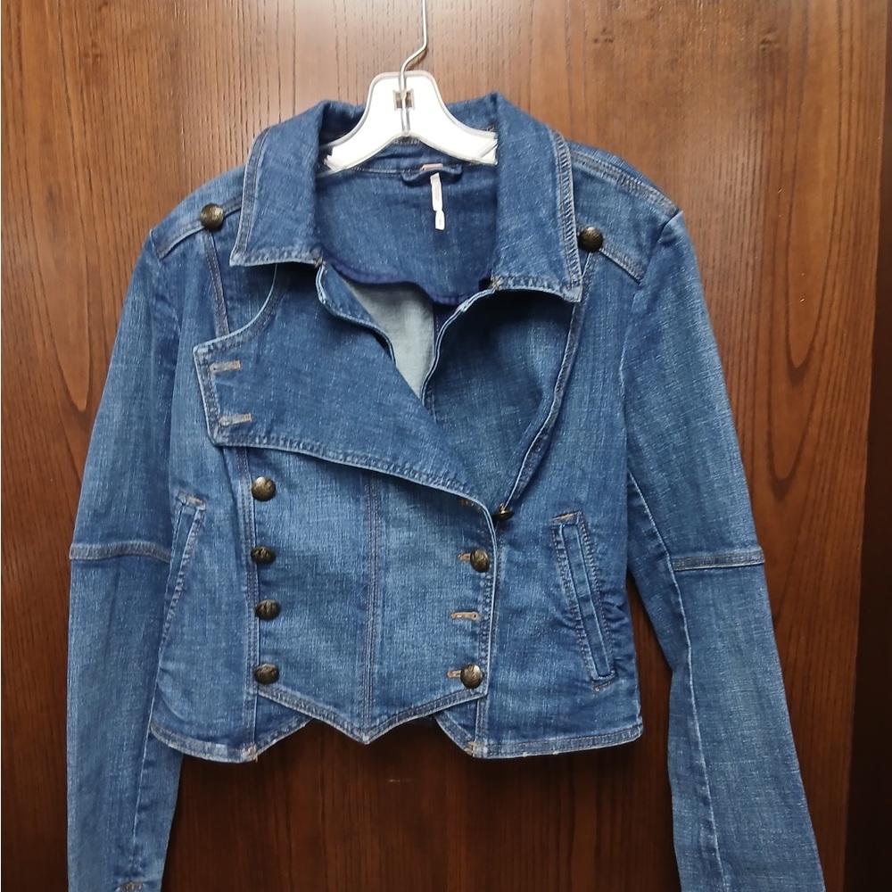 Free People Double-Breasted Blue Jean Jacket